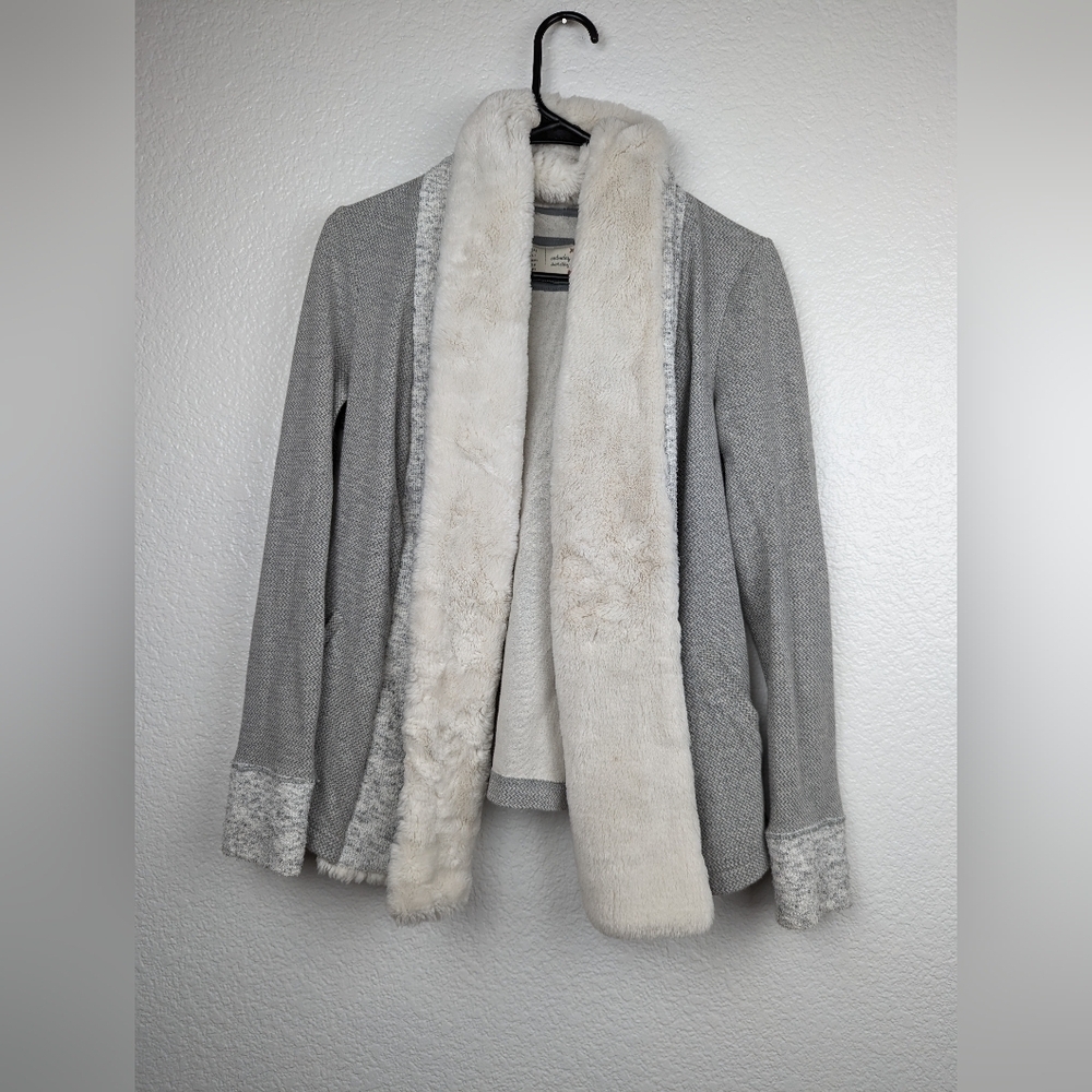 Anthropologie Gray Cardigan with Cream Faux Fur Trim